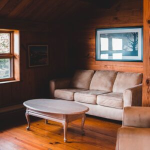 Wood coffee table in a warm living room