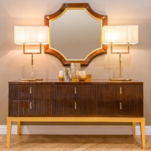 Warm wooden cabinet with decorative lighting