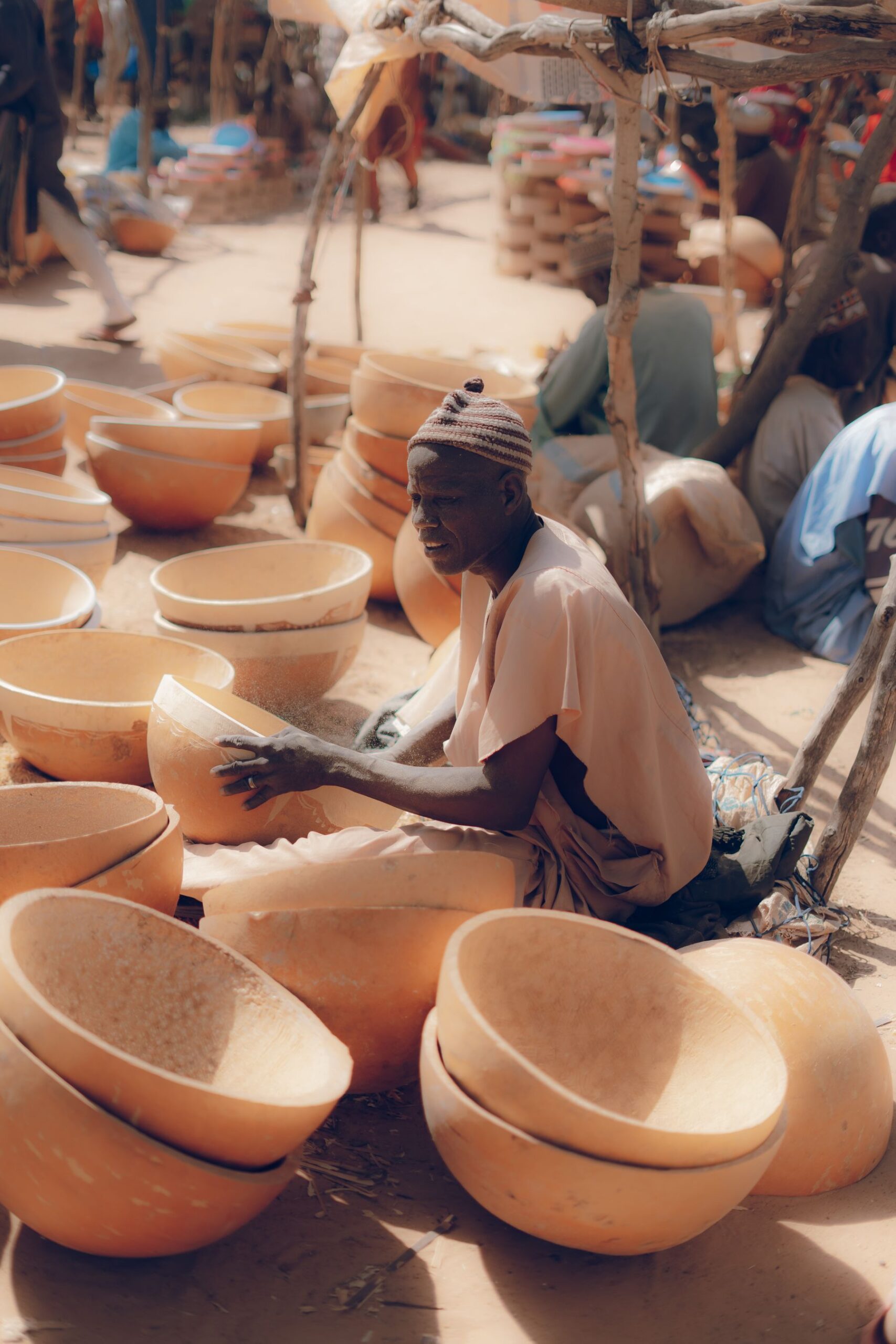 Handcrafted wooden goods at a Nigerian market